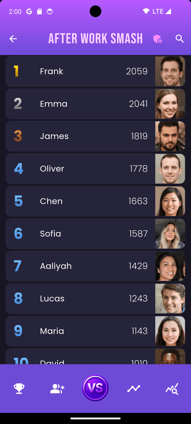 Live leaderboard showing player rankings and ELO scores